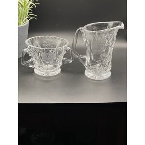 Vintage Indiana Glass Etched Floral Creamer and Sugar Bowl Set Cut Crystal Style